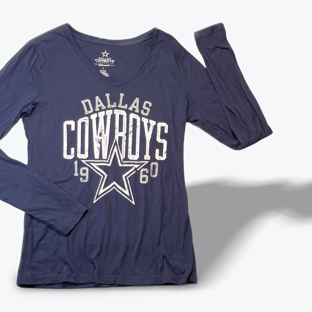 Dallas Cowboys Womens T Shirt Long Sleeve V Neck Tee Navy Blue Graphic Large
